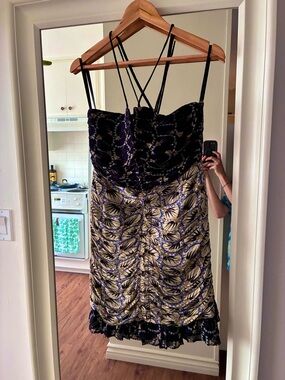 Anthropologie Floral Print Halter Midi Dress in Navy and Gold